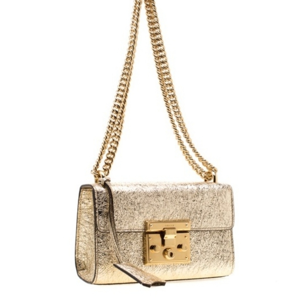 Gucci Wrinkled Champagne Light Gold Hardware Padlock Crossbody Chain Leather